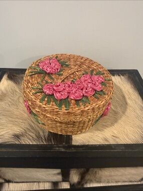 Woven Round Decorative Basket with Pink Floral Embroidery